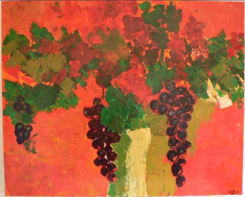 Tableau bouquet de raisins, fond rouge, Sylb